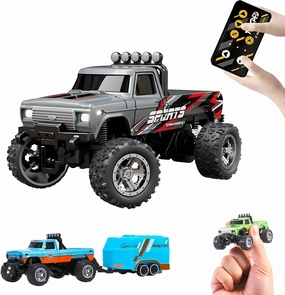 1:64 Mini RC Monster Truck with LED Lights | 2.4GHz Off-Road Remote Control Car | 3 Speed Adjustable, USB Rechargeable Alloy RC Truck for Kids & Adults Indoor/Outdoor Racing (Grey)