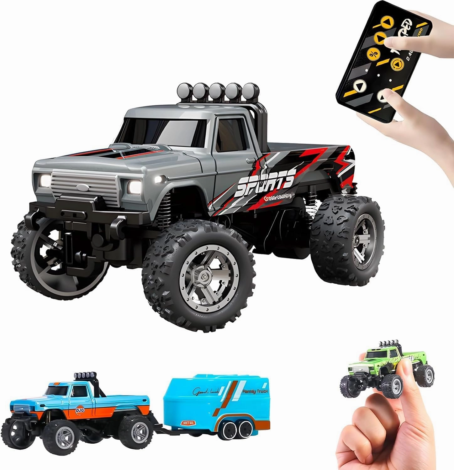 1:64 Mini RC Monster Truck with LED Lights | 2.4GHz Off-Road Remote Control Car | 3 Speed Adjustable, USB Rechargeable Alloy RC Truck for Kids & Adults Indoor/Outdoor Racing (Grey)