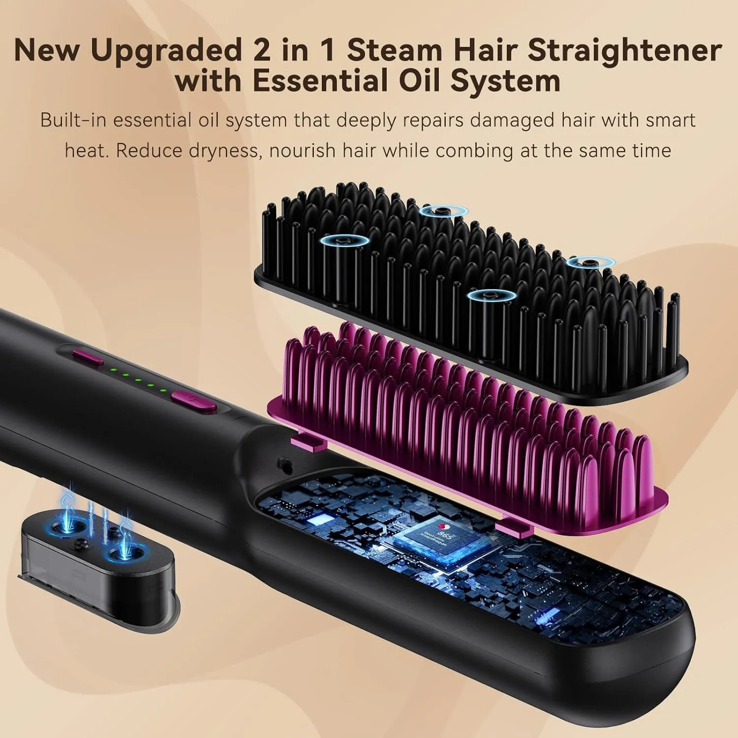 2 in 1 Steam Hair Straightener Brush, MSDS Approved 30s Fast Heat-up Electric Portable steam Straightener Brush Hot Comb with 2 Essential Oils, Reduce Frizz, Nourishes Hair, 20Min Auto Shut-Off