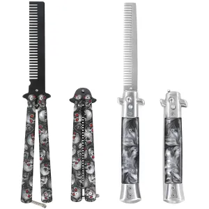 2 Pcs Folding Pocket Beard Combs, Metal Switchblade Comb Butterfly Moustache Comb for Men, Stainless Steel Switch Blade Travel Hair Styling Tool