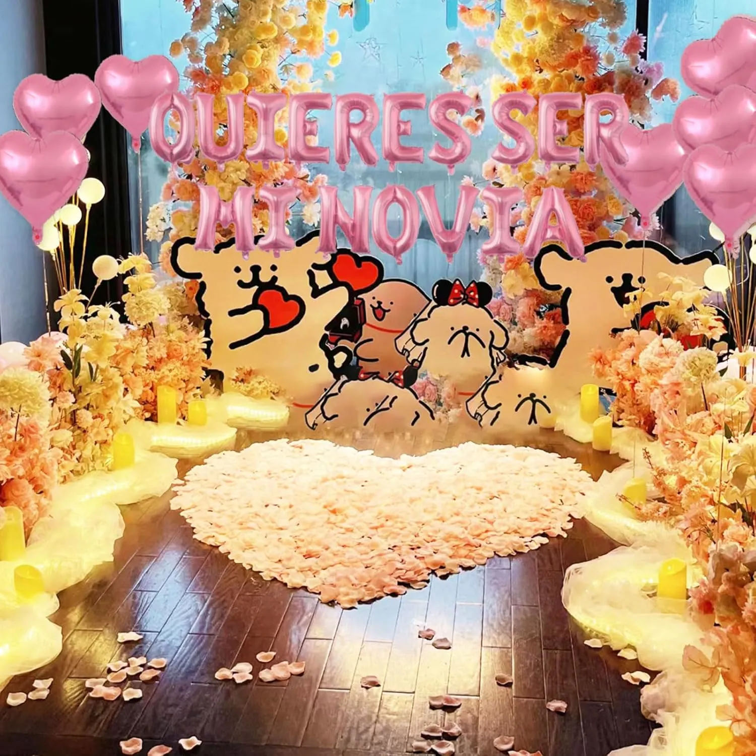 2 Set Pink QUIERES SER MI NOVIA Balloons - 1200pcs Pink Artificial Rose Petals 34pcs 16" Letter Balloons 10pcs 18" Heart Balloon Alphabet Foil Mylar Balloon for Valentines Day Decorations