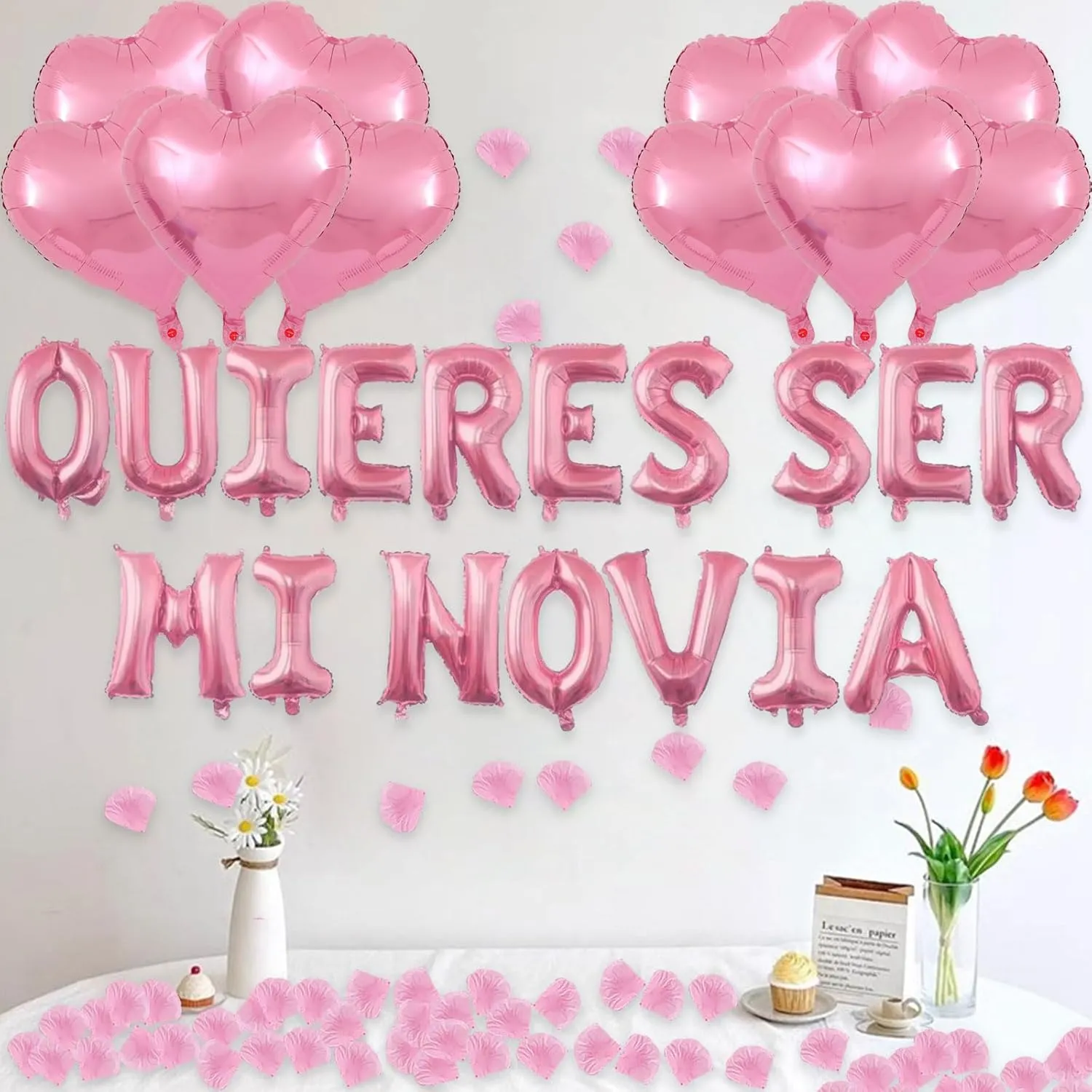 2 Set Pink QUIERES SER MI NOVIA Balloons - 1200pcs Pink Artificial Rose Petals 34pcs 16" Letter Balloons 10pcs 18" Heart Balloon Alphabet Foil Mylar Balloon for Valentines Day Decorations