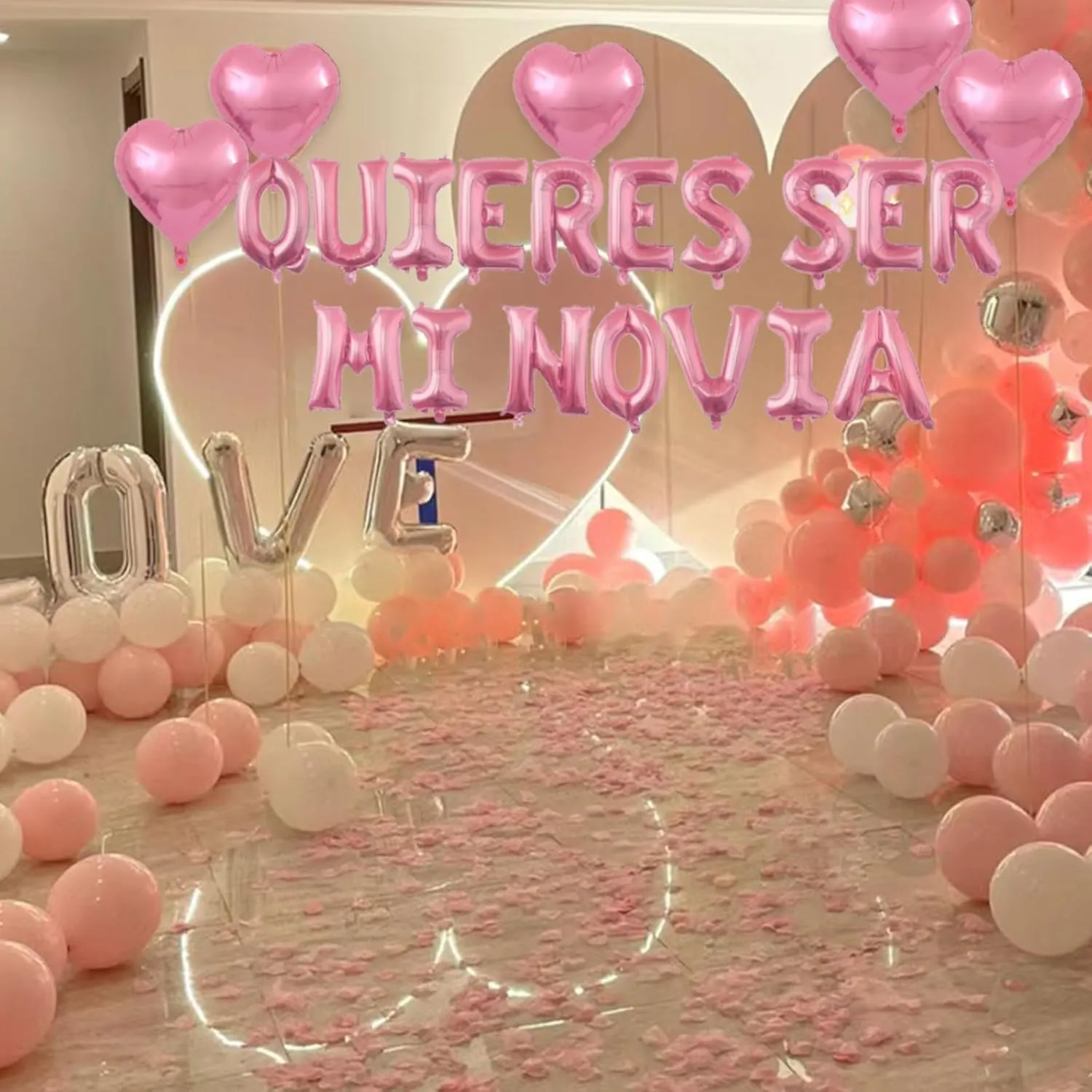 2 Set Pink QUIERES SER MI NOVIA Balloons - 1200pcs Pink Artificial Rose Petals 34pcs 16" Letter Balloons 10pcs 18" Heart Balloon Alphabet Foil Mylar Balloon for Valentines Day Decorations