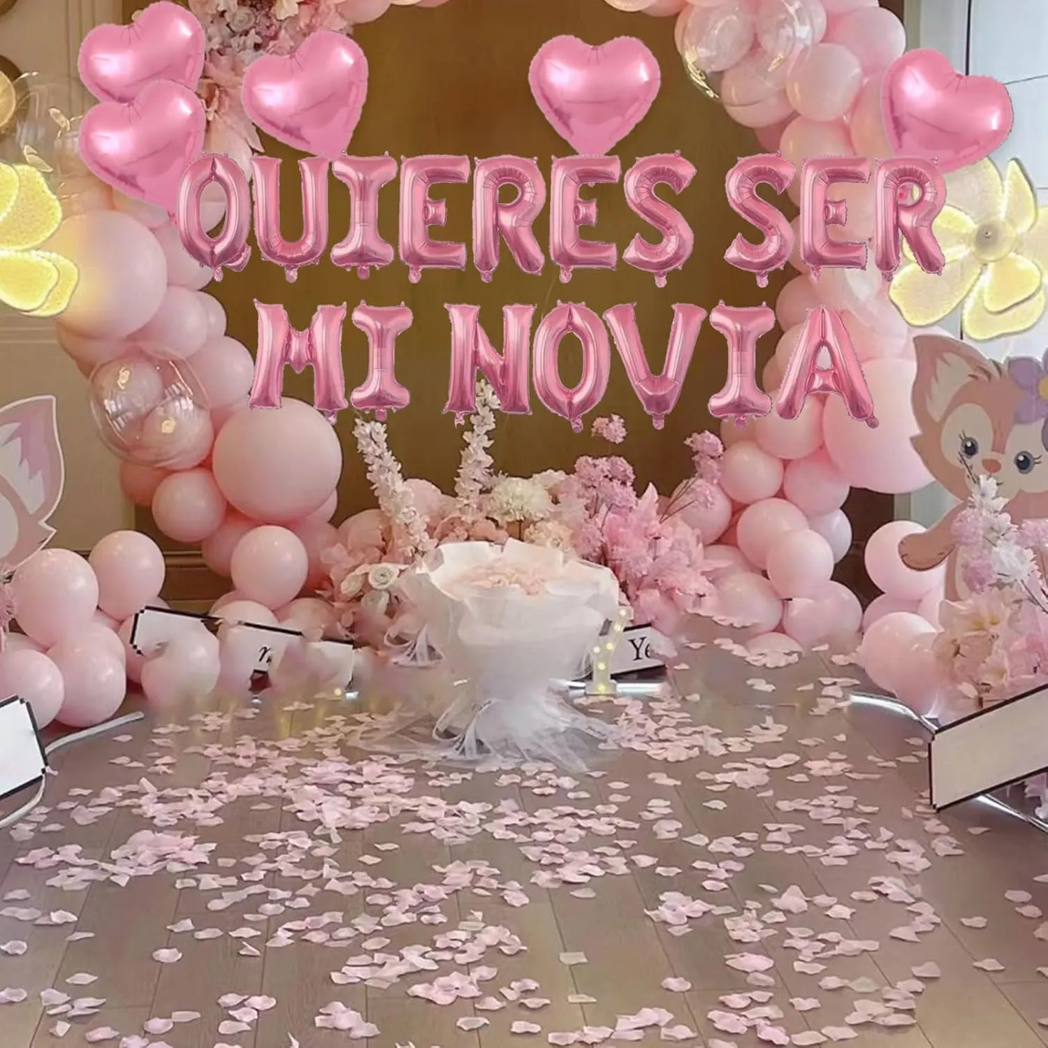 2 Set Pink QUIERES SER MI NOVIA Balloons - 1200pcs Pink Artificial Rose Petals 34pcs 16" Letter Balloons 10pcs 18" Heart Balloon Alphabet Foil Mylar Balloon for Valentines Day Decorations