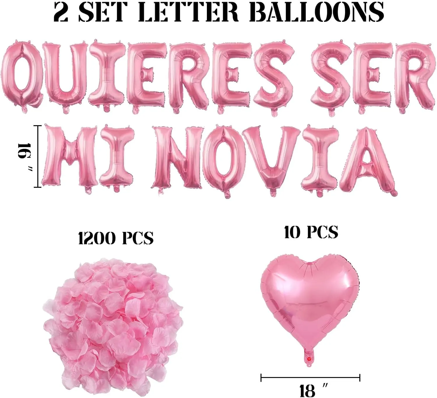 2 Set Pink QUIERES SER MI NOVIA Balloons - 1200pcs Pink Artificial Rose Petals 34pcs 16" Letter Balloons 10pcs 18" Heart Balloon Alphabet Foil Mylar Balloon for Valentines Day Decorations