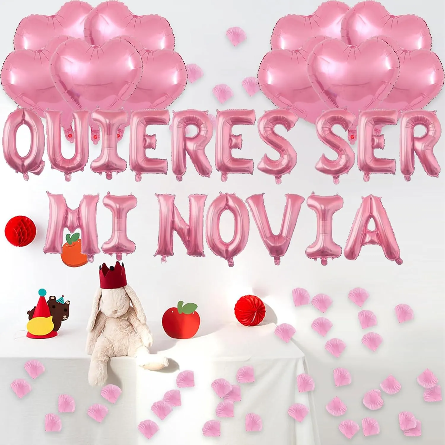 2 Set Pink QUIERES SER MI NOVIA Balloons - 1200pcs Pink Artificial Rose Petals 34pcs 16" Letter Balloons 10pcs 18" Heart Balloon Alphabet Foil Mylar Balloon for Valentines Day Decorations