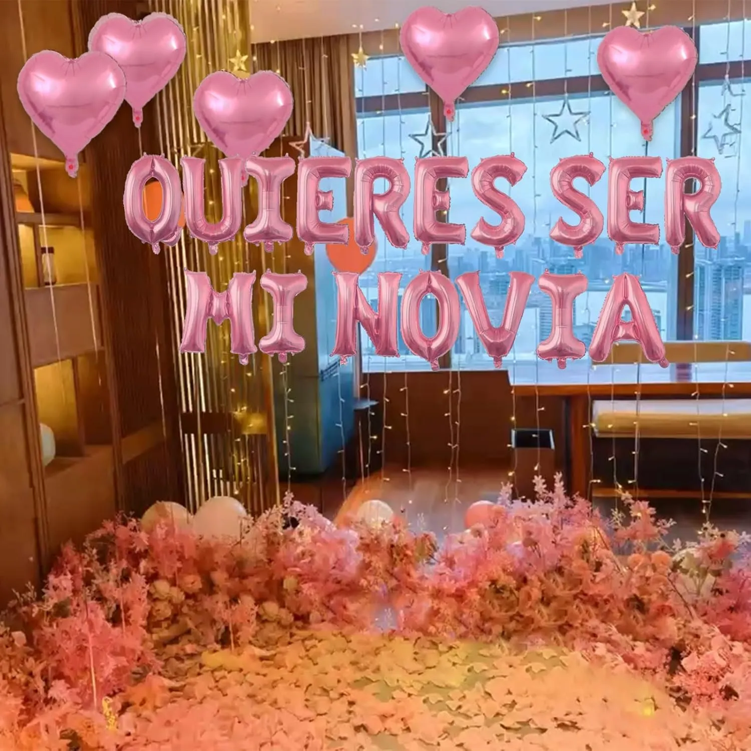 2 Set Pink QUIERES SER MI NOVIA Balloons - 1200pcs Pink Artificial Rose Petals 34pcs 16" Letter Balloons 10pcs 18" Heart Balloon Alphabet Foil Mylar Balloon for Valentines Day Decorations