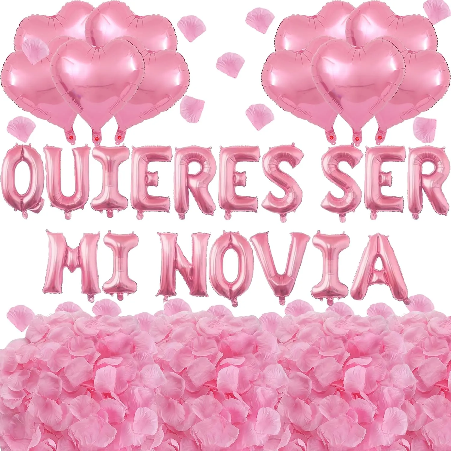 2 Set Pink QUIERES SER MI NOVIA Balloons - 1200pcs Pink Artificial Rose Petals 34pcs 16" Letter Balloons 10pcs 18" Heart Balloon Alphabet Foil Mylar Balloon for Valentines Day Decorations
