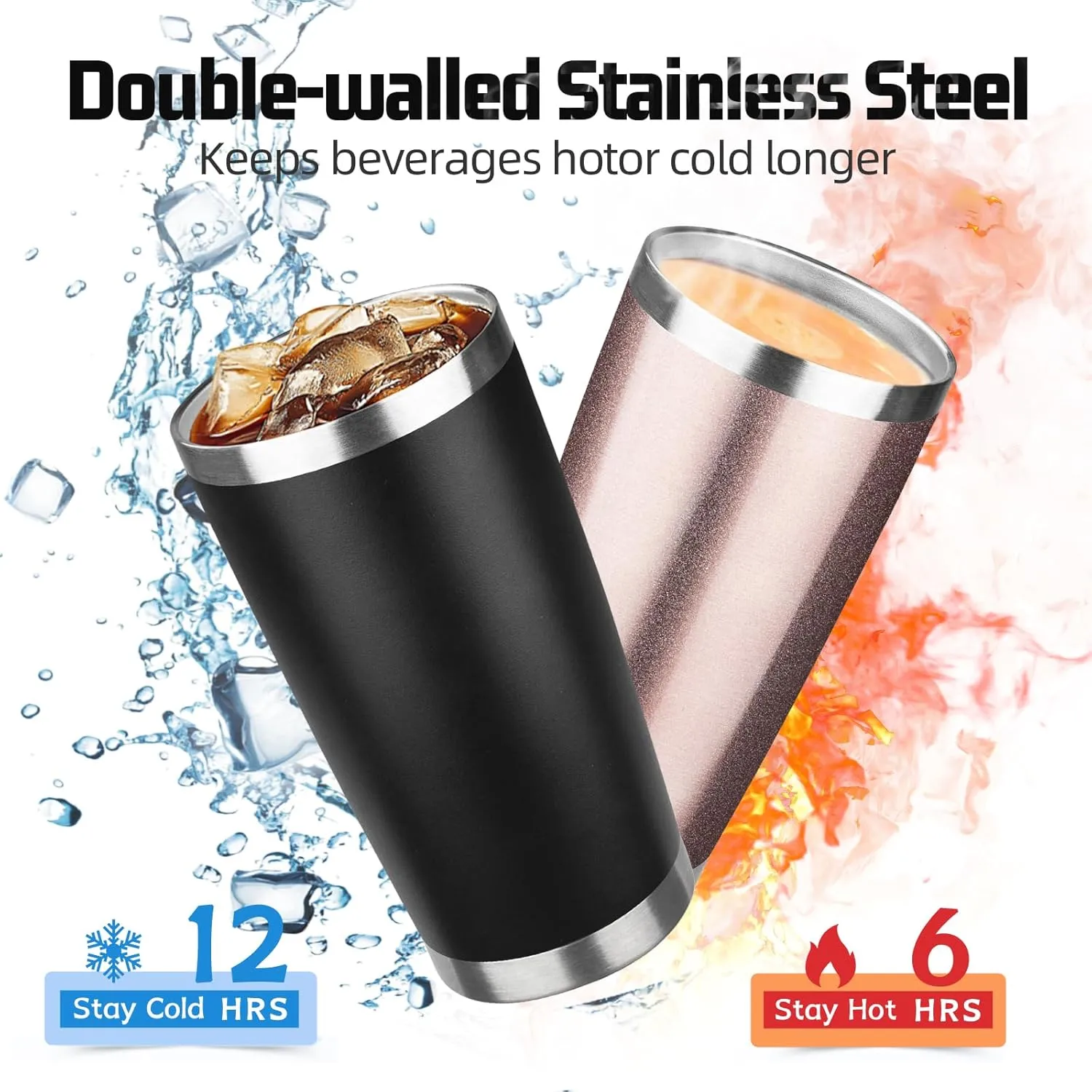 20 oz Tumbler with Lids and Straws, Stainless Steel Insulated Travel Coffee Mug, Double Wall Vacuum Insulated Tumblers, Powder Coated Coffee Tumbler for Cold & Hot Drinks (Black,4pack)
