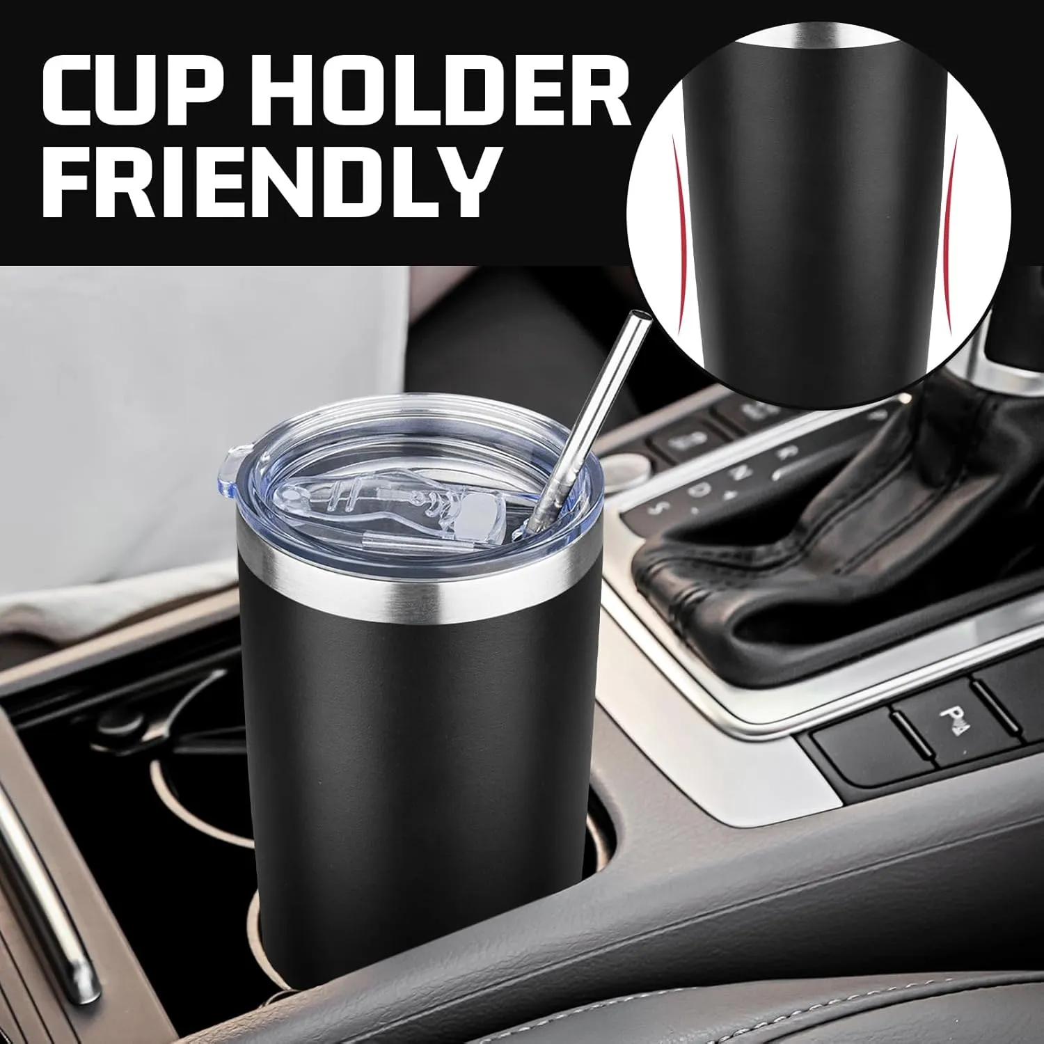 20 oz Tumbler with Lids and Straws, Stainless Steel Insulated Travel Coffee Mug, Double Wall Vacuum Insulated Tumblers, Powder Coated Coffee Tumbler for Cold & Hot Drinks (Black,4pack)
