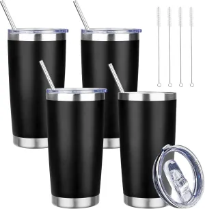 20 oz Tumbler with Lids and Straws, Stainless Steel Insulated Travel Coffee Mug, Double Wall Vacuum Insulated Tumblers, Powder Coated Coffee Tumbler for Cold & Hot Drinks (Black,4pack)