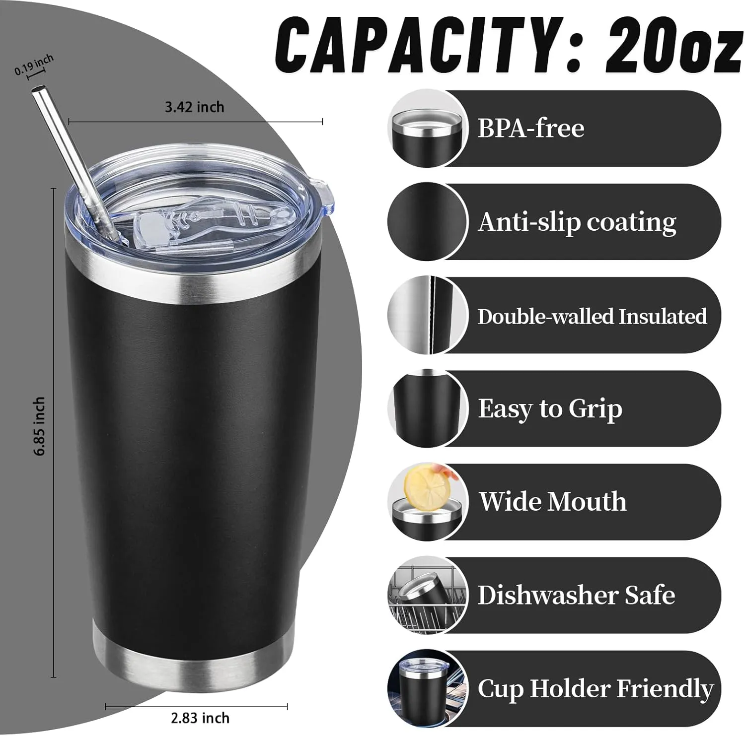 20 oz Tumbler with Lids and Straws, Stainless Steel Insulated Travel Coffee Mug, Double Wall Vacuum Insulated Tumblers, Powder Coated Coffee Tumbler for Cold & Hot Drinks (Black,4pack)
