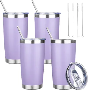20 oz Tumbler with Lids and Straws, Stainless Steel Insulated Travel Coffee Mug, Double Wall Vacuum Insulated Tumblers, Powder Coated Coffee Tumbler for Cold & Hot Drinks (Light Purple,4pack)