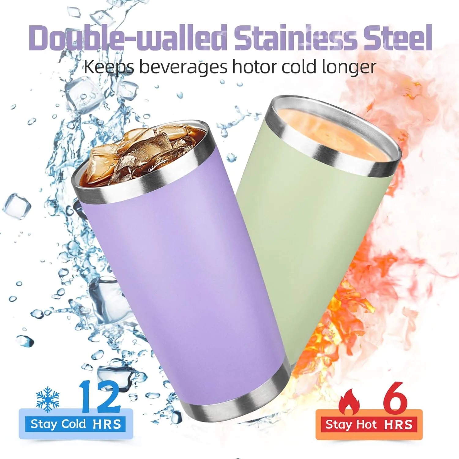 20 oz Tumbler with Lids and Straws, Stainless Steel Insulated Travel Coffee Mug, Double Wall Vacuum Insulated Tumblers, Powder Coated Coffee Tumbler for Cold & Hot Drinks (Light Purple,4pack)