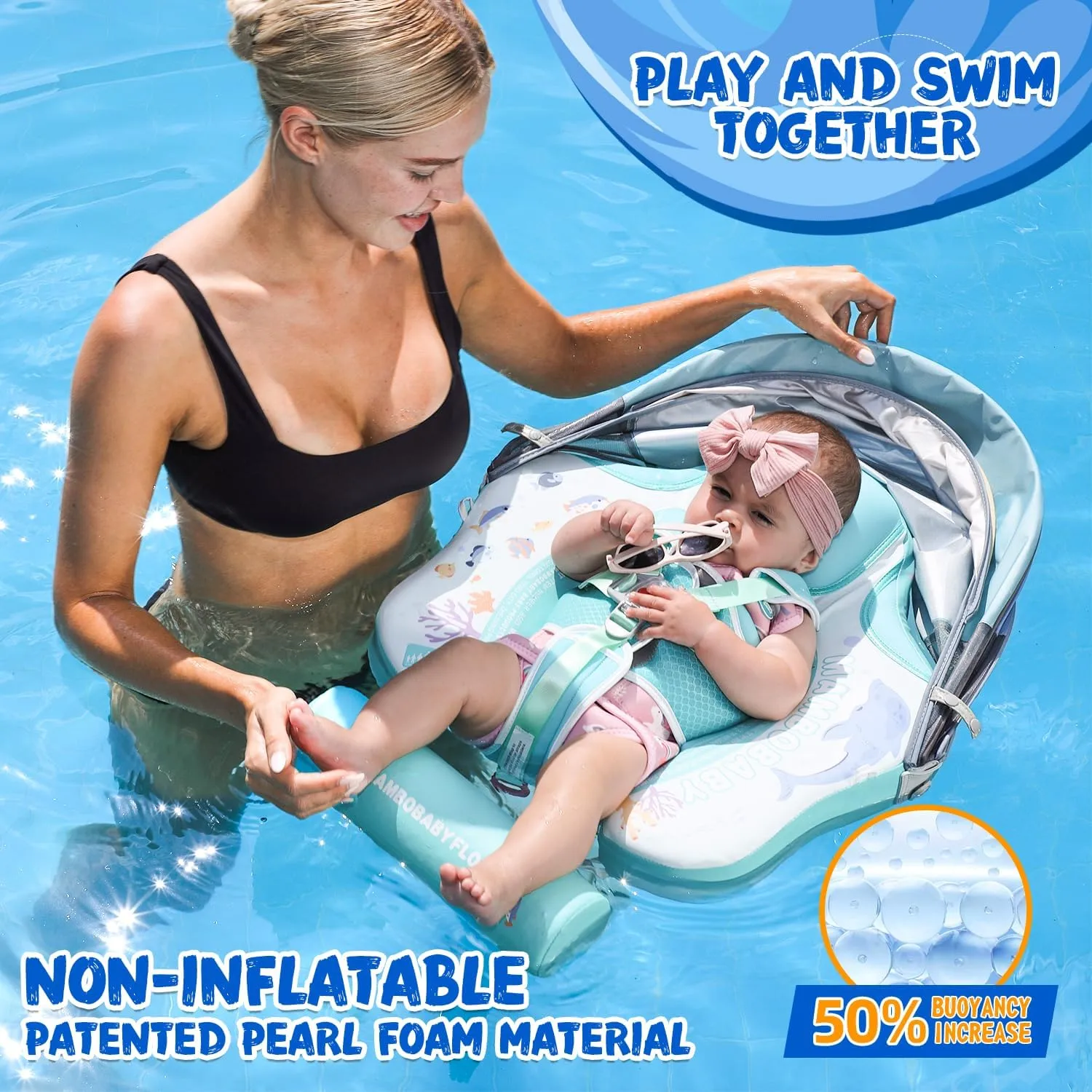 2024 Mambobaby Baby Float with Canopy & Tail Infant Swim Float Non-Inflatable Toddler Pool Float with Skin-Friendly Material for 3-24 Months Baby Boys Grils