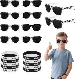 20/40 PCS Race Car Checkered Sunglasses Flag Wristbands Black White Checker Sunglasses for Racing Theme Party Summer