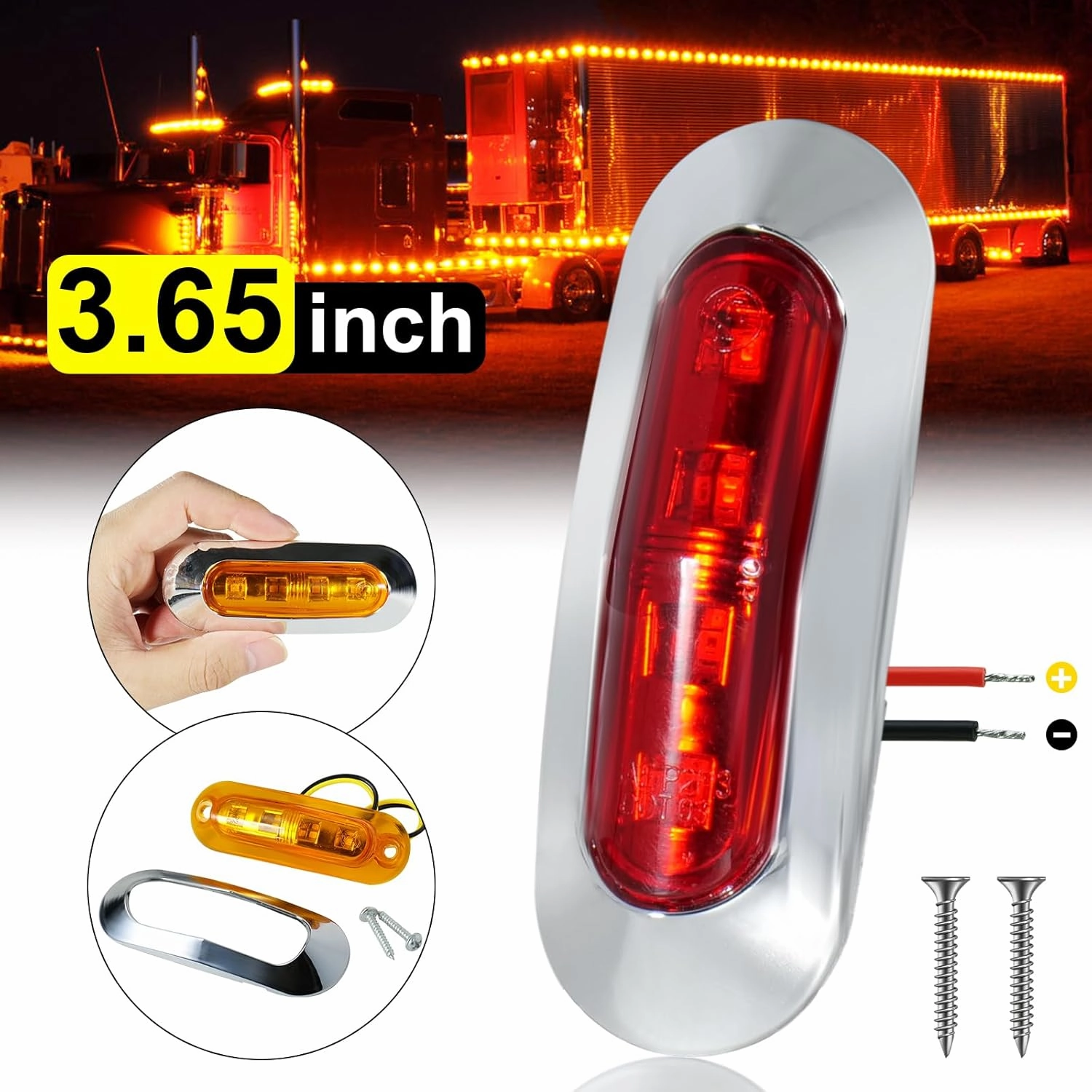 20Pack DC12-24V 3.7 Inch 4 LED Trailer Marker Lights Clearance Light Front Rear Side Indicators Lamp with Chrome Bezel Universal for Truck RV Camper Van Caravan Boat - Amber & Red