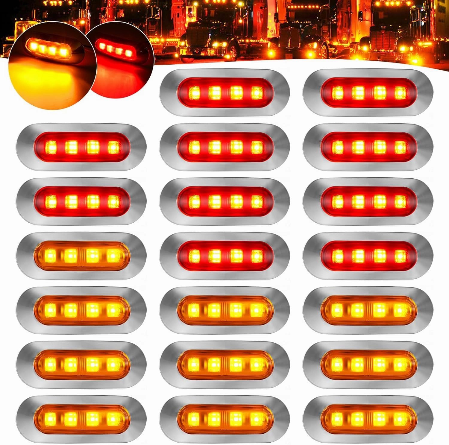 20Pack DC12-24V 3.7 Inch 4 LED Trailer Marker Lights Clearance Light Front Rear Side Indicators Lamp with Chrome Bezel Universal for Truck RV Camper Van Caravan Boat - Amber & Red