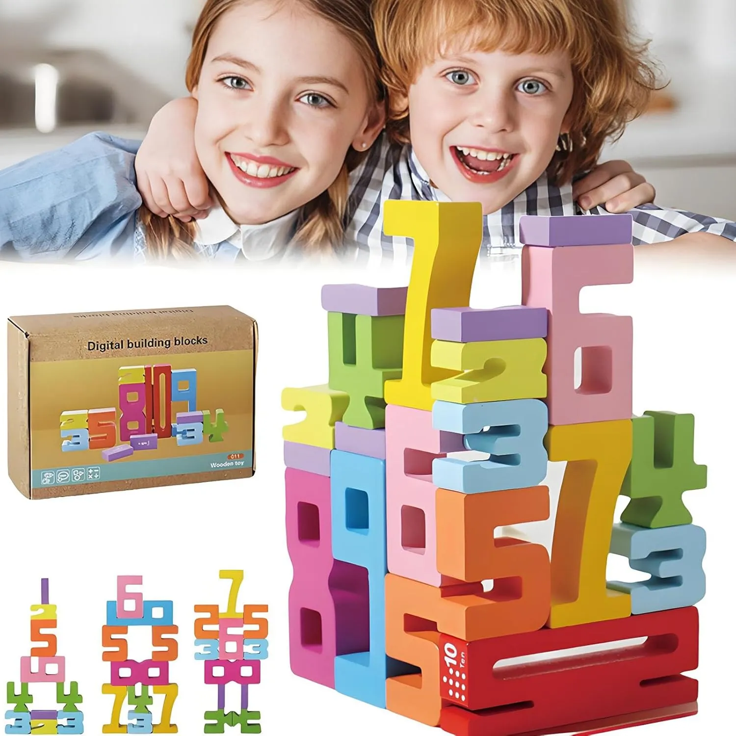 20Pcs Friends of Ten Wooden Number Building Blocks, Montessori-Inspired Educational Focus, Ages 3-7, 105 Pieces