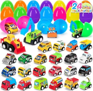 24 PCS Prefilled Easter Eggs with Toys Pull Back Cars Easter Basket Stuffers for Toddler Easter Gifts for Kids Pre Filled Easter Eggs Bulk - Easter Party Favors,Easter Eggs Filled,Easter Egg Hunt