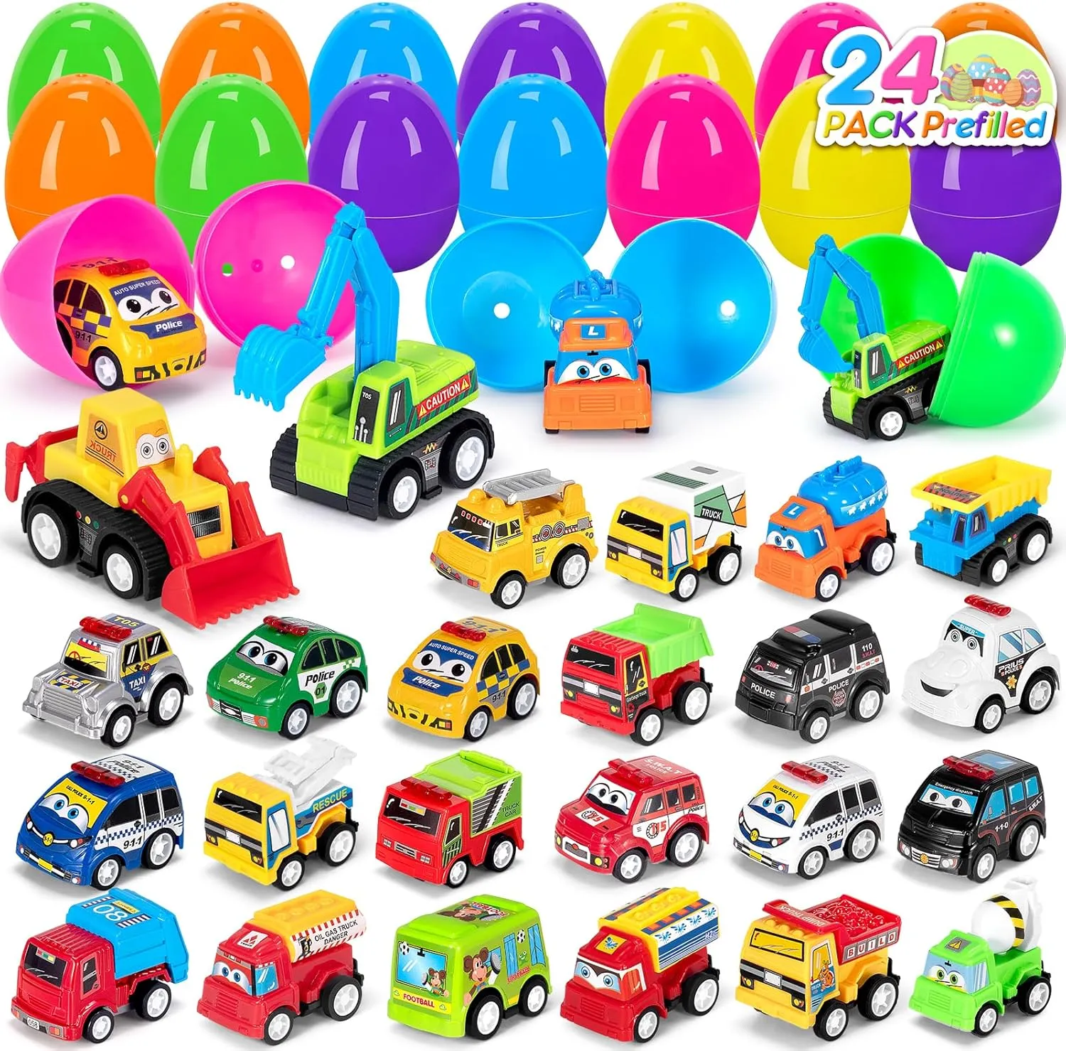 24 PCS Prefilled Easter Eggs with Toys Pull Back Cars Easter Basket Stuffers for Toddler Easter Gifts for Kids Pre Filled Easter Eggs Bulk - Easter Party Favors,Easter Eggs Filled,Easter Egg Hunt