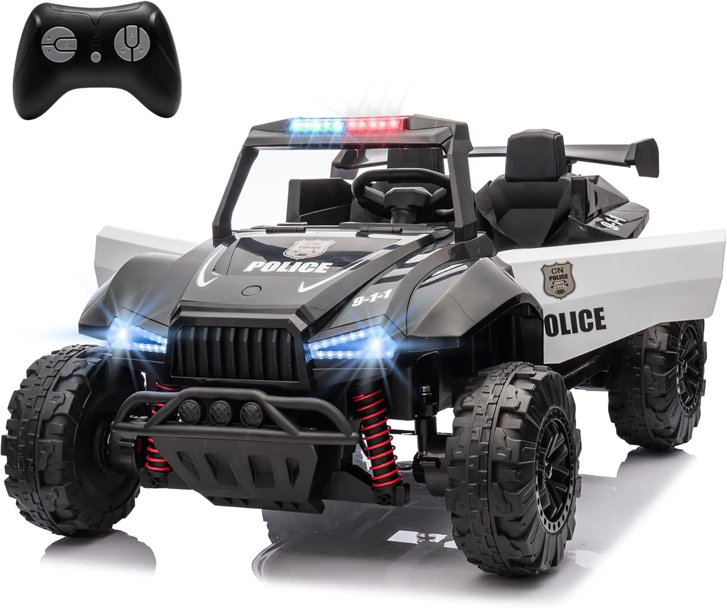 24V Ride on Car Toys for Big Kids, 4 Wheeler Electric Off-Road UTV Trucks with 2-Seater, LED Lights, Music and Remote Control, Police Vehicles for Ages 3  Boys and Girls- Black&White