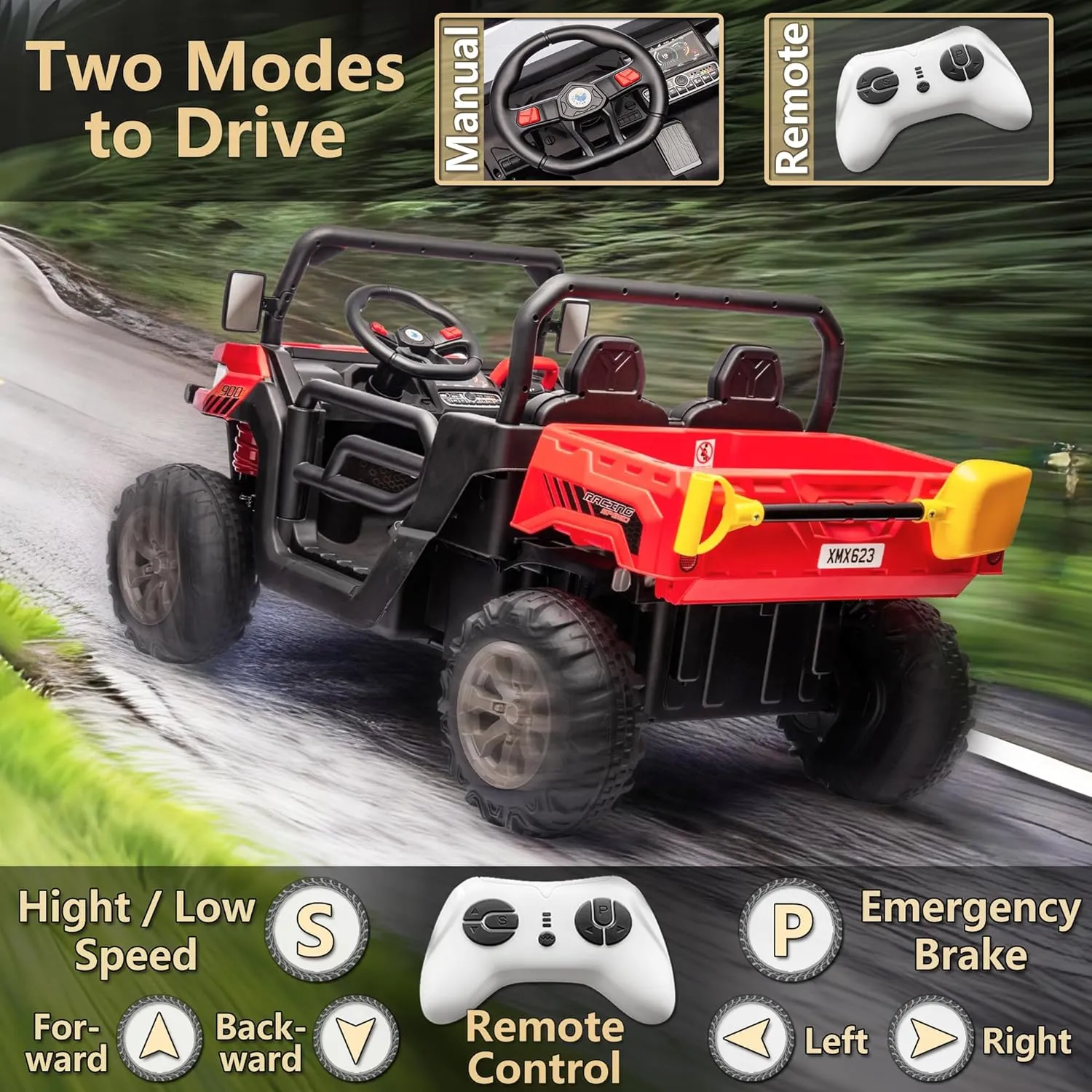 24V Ride on Toys for Big Kids w/Remote Control, 2 Seater Kids UTV w/20 Seat, 2X200W Powerful Motors, 24V Ride on Dump Truck w/Dump Bed, Bluetooth, LED Lights, Power Car Wheels for Boys Girls, Red