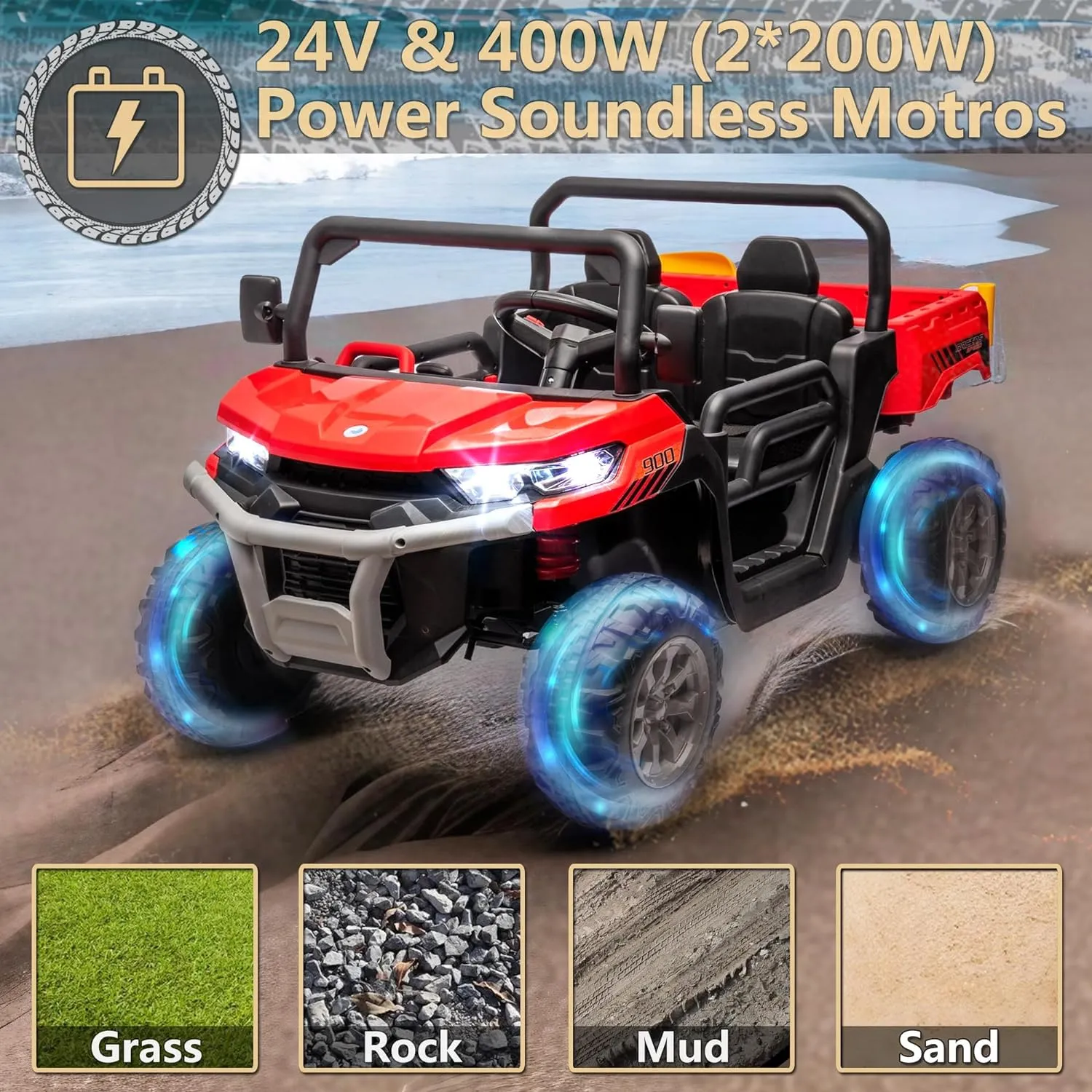 24V Ride on Toys for Big Kids w/Remote Control, 2 Seater Kids UTV w/20 Seat, 2X200W Powerful Motors, 24V Ride on Dump Truck w/Dump Bed, Bluetooth, LED Lights, Power Car Wheels for Boys Girls, Red