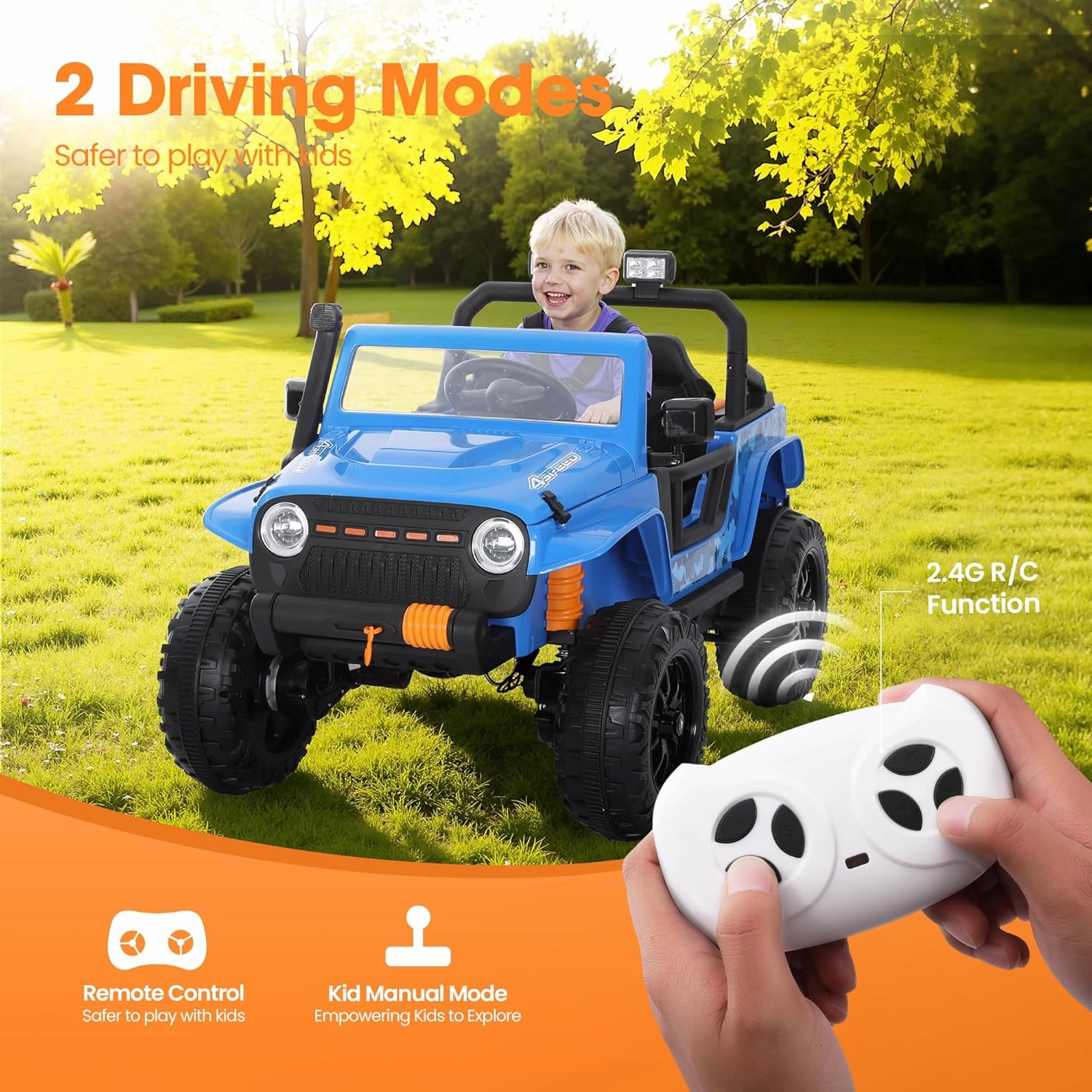 24V Kids Ride on Car, 2 Seater 4WD Electric Car for Kids w/Parent Remote Control, Off-Road Ride on Truck Car, Power Wheels, Kids Jeep with LED Lights, Bluetooth Music, Gift for Kids Ages 3 , Blue