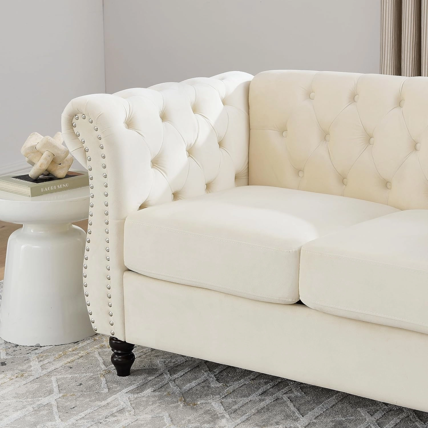 2 Piece Chesterfield Sofa Set for 6, 3 Seater   3 Seater Sofa Set, Velvet Upholstered Tufted Couch Set, 80" Couch and Couch Set with Nailhead & Rolled Arms & Pillows for Living Room (Beige)