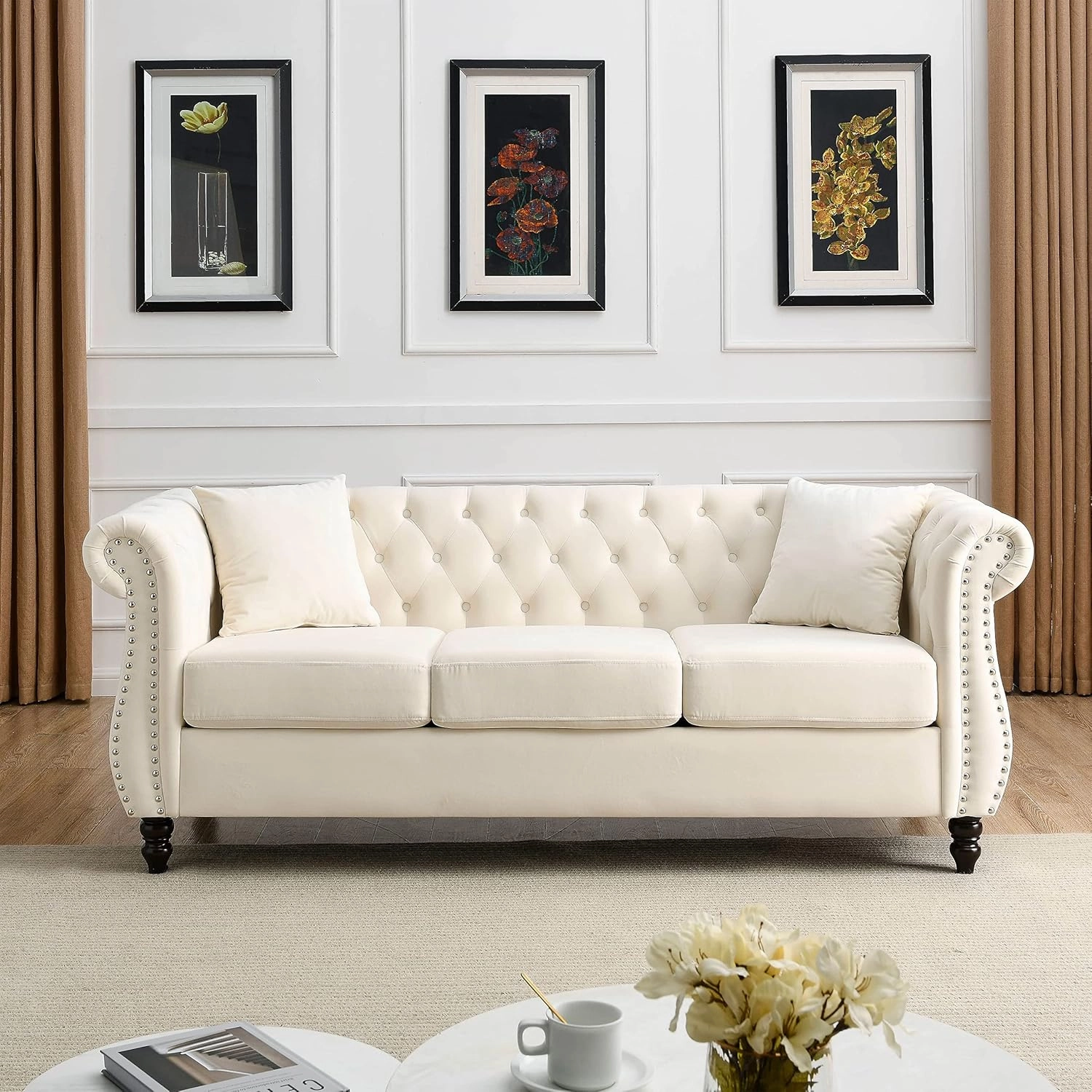 2 Piece Chesterfield Sofa Set for 6, 3 Seater   3 Seater Sofa Set, Velvet Upholstered Tufted Couch Set, 80" Couch and Couch Set with Nailhead & Rolled Arms & Pillows for Living Room (Beige)