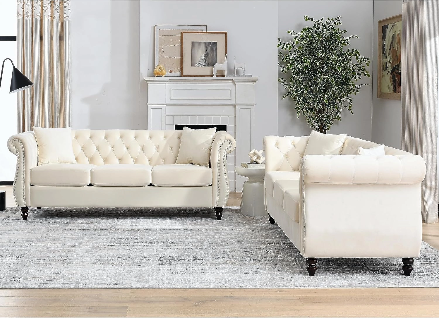 2 Piece Chesterfield Sofa Set for 6, 3 Seater   3 Seater Sofa Set, Velvet Upholstered Tufted Couch Set, 80" Couch and Couch Set with Nailhead & Rolled Arms & Pillows for Living Room (Beige)