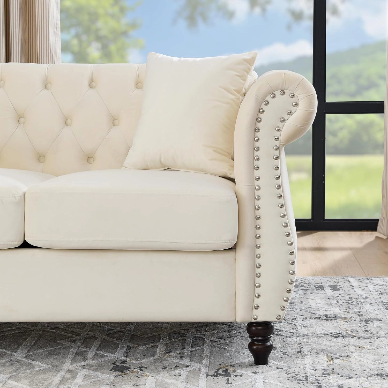 2 Piece Chesterfield Sofa Set for 6, 3 Seater   3 Seater Sofa Set, Velvet Upholstered Tufted Couch Set, 80" Couch and Couch Set with Nailhead & Rolled Arms & Pillows for Living Room (Beige)