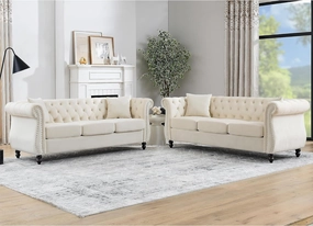 2 Piece Chesterfield Sofa Set for 6, 3 Seater   3 Seater Sofa Set, Velvet Upholstered Tufted Couch Set, 80" Couch and Couch Set with Nailhead & Rolled Arms & Pillows for Living Room (Beige)