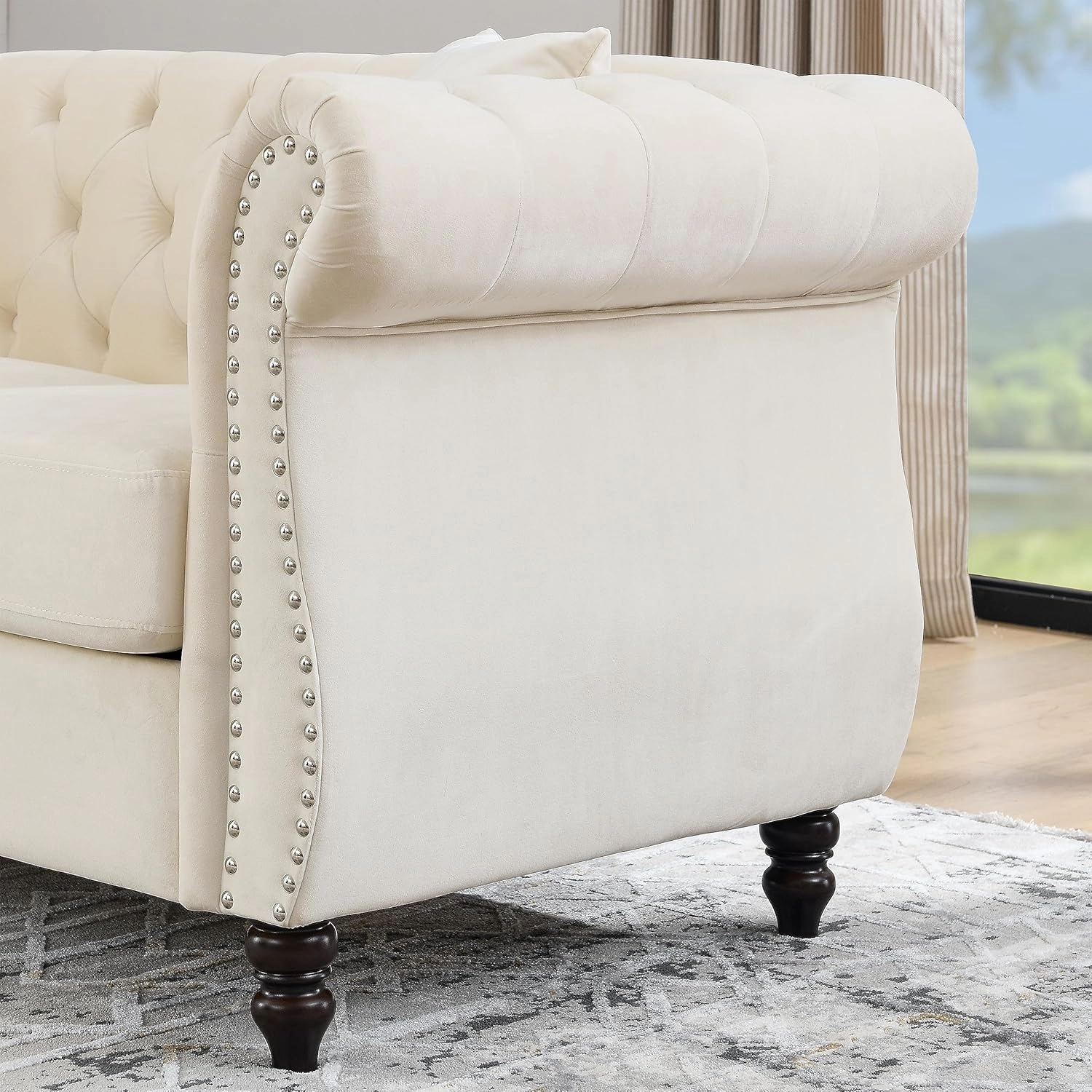 2 Piece Chesterfield Sofa Set for 6, 3 Seater   3 Seater Sofa Set, Velvet Upholstered Tufted Couch Set, 80" Couch and Couch Set with Nailhead & Rolled Arms & Pillows for Living Room (Beige)