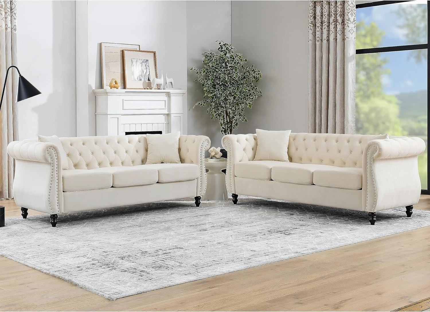 2 Piece Chesterfield Sofa Set for 6, 3 Seater   3 Seater Sofa Set, Velvet Upholstered Tufted Couch Set, 80" Couch and Couch Set with Nailhead & Rolled Arms & Pillows for Living Room (Beige)