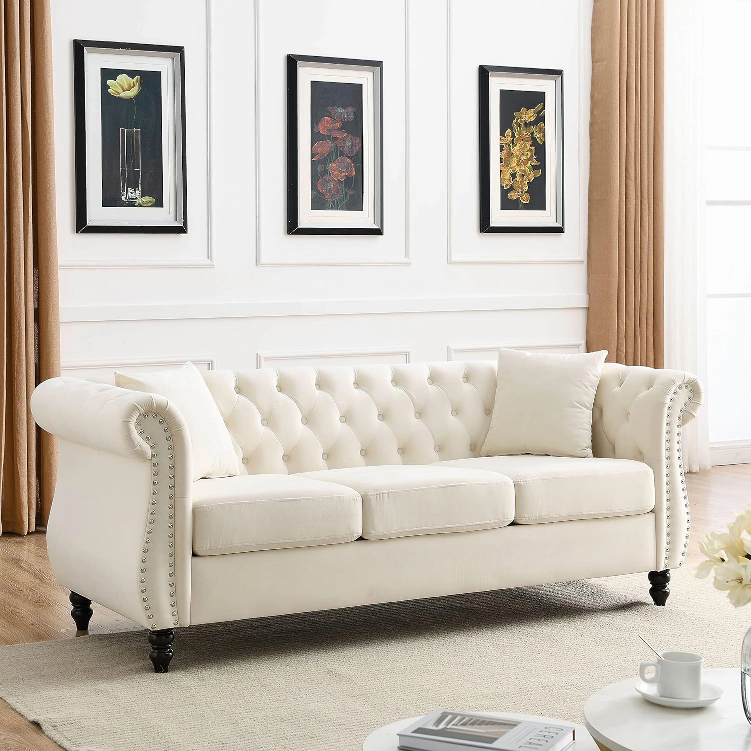 2 Piece Chesterfield Sofa Set for 6, 3 Seater   3 Seater Sofa Set, Velvet Upholstered Tufted Couch Set, 80" Couch and Couch Set with Nailhead & Rolled Arms & Pillows for Living Room (Beige)