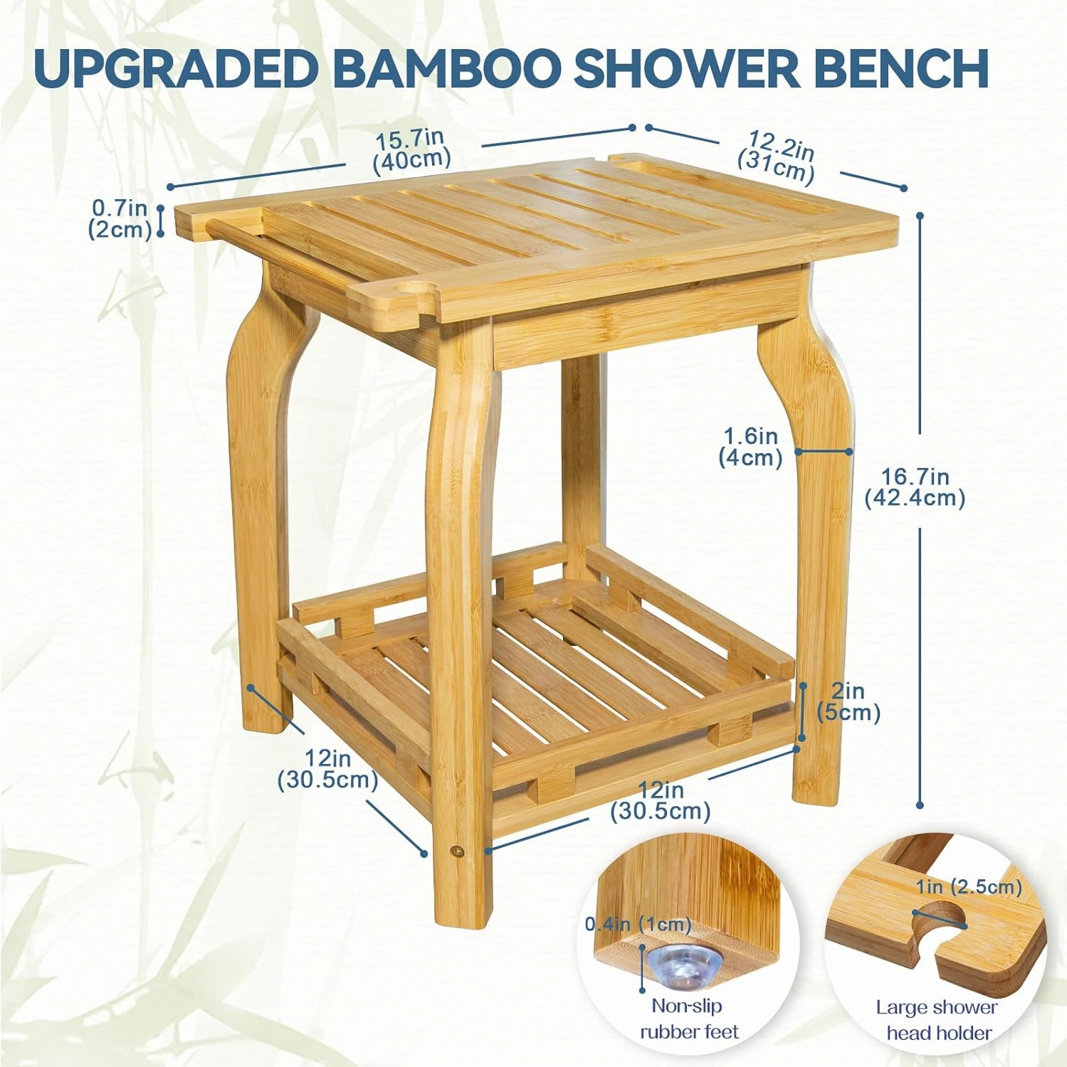 2-Tier Bamboo Shower Bench for Inside Shower Shaving Legs, 16 Inch Waterproof Bathroom Bench Shower Stool with Storage Shelf, Safe & Stable for Seniors Adults Disabled Women