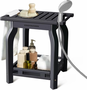 2-Tier Bamboo Shower Bench for Inside Shower Shaving Legs, 16 Inch Waterproof Bathroom Bench Shower Stool with Storage Shelf, Safe & Stable for Seniors Adults Disabled Women (Black)