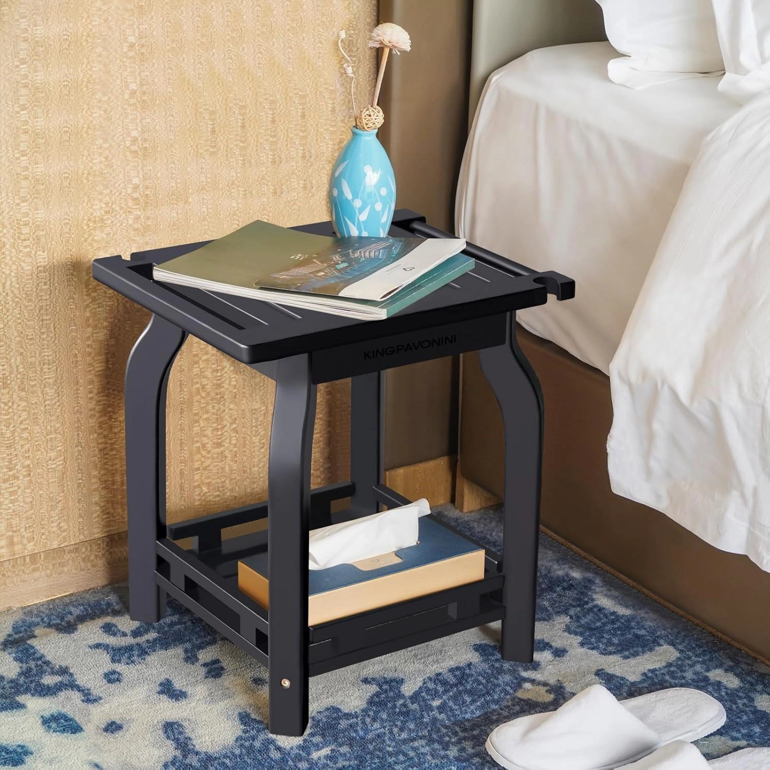 2-Tier Bamboo Shower Bench for Inside Shower Shaving Legs, 16 Inch Waterproof Bathroom Bench Shower Stool with Storage Shelf, Safe & Stable for Seniors Adults Disabled Women (Black)