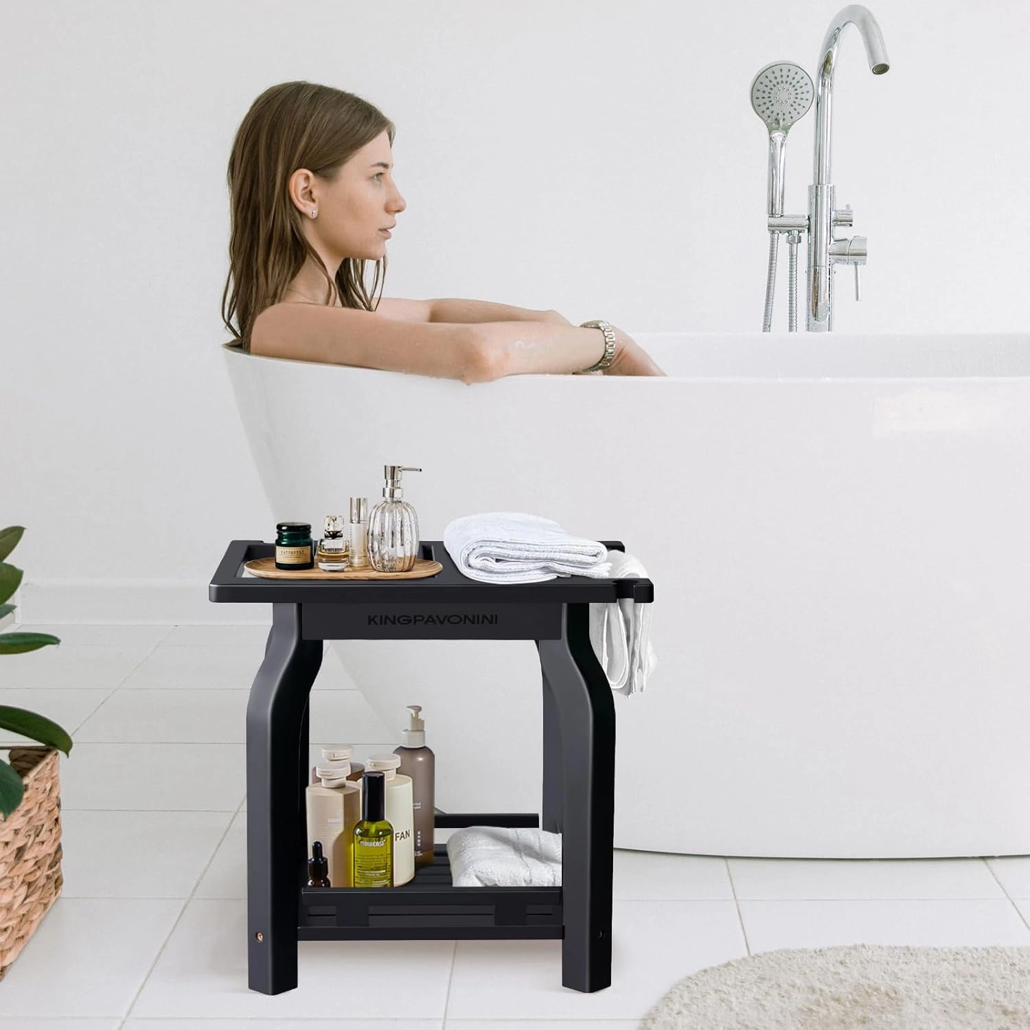 2-Tier Bamboo Shower Bench for Inside Shower Shaving Legs, 16 Inch Waterproof Bathroom Bench Shower Stool with Storage Shelf, Safe & Stable for Seniors Adults Disabled Women (Black)