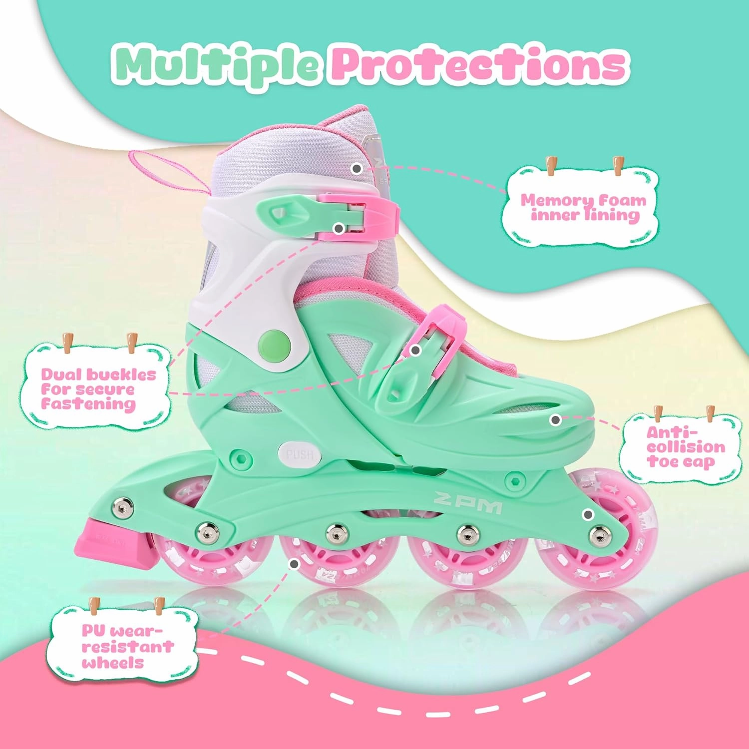 2PM SPORTS Inline Skates with Light Up Wheels, Roller Skates Blades for Boys Girls Kids Ages 5-8 8-12 4-6 6-12, Size Adjustable Beginner Blades Roller Skates for Youth Women Beginner Friendly