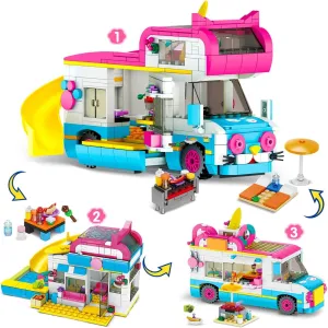 3-in-1 Cat Car Building Set, Girls Camper Van Building Block Sets, Ice Cream Truck City Bus Toys with Slide and Stickers, Gifts for Kids Girls Boys Age 6 7 8 9 10 11 12  (494PCS)