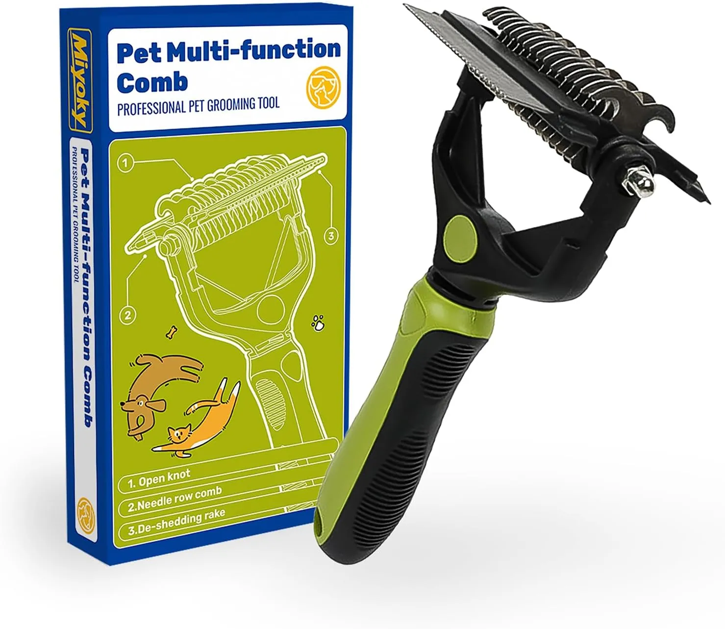 3-in-1 Pet Deshedding Tool - Undercoat Rake, Deshedding Brush, Dematting Comb for Dogs & Cats, Dog Brush for Shedding, Professional Grooming Brush for Double Coat, Long & Short Hair (Green)