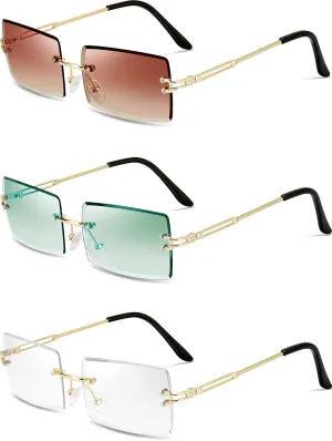 3 Pairs Rimless Rectangle Sunglasses Tinted Frameless Eyewear Vintage Transparent Rectangle Y2K Glasses for Women Men