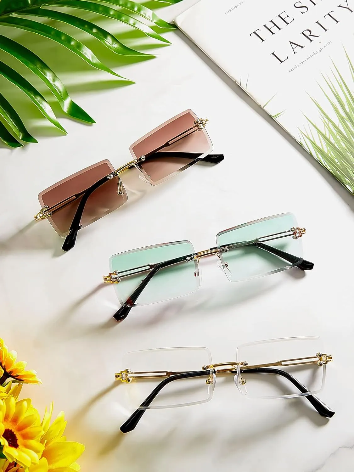 3 Pairs Rimless Rectangle Sunglasses Tinted Frameless Eyewear Vintage Transparent Rectangle Y2K Glasses for Women Men