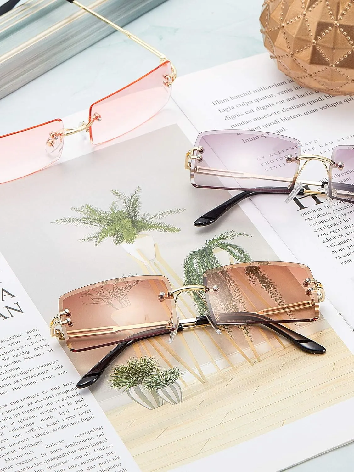 3 Pairs Rimless Rectangle Sunglasses Tinted Frameless Eyewear Vintage Transparent Rectangle Y2K Glasses for Women Men