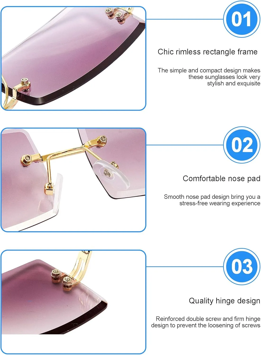 3 Pairs Rimless Rectangle Sunglasses Tinted Frameless Eyewear Vintage Transparent Rectangle Y2K Glasses for Women Men