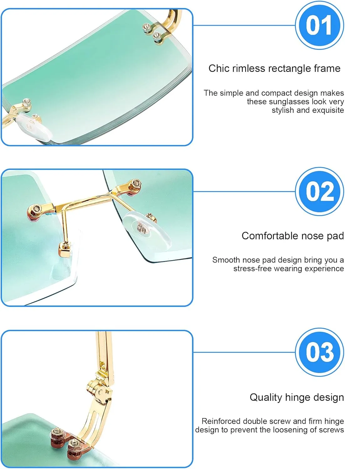 3 Pairs Rimless Rectangle Sunglasses Tinted Frameless Eyewear Vintage Transparent Rectangle Y2K Glasses for Women Men