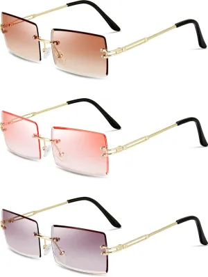 3 Pairs Rimless Rectangle Sunglasses Tinted Frameless Eyewear Vintage Transparent Rectangle Y2K Glasses for Women Men